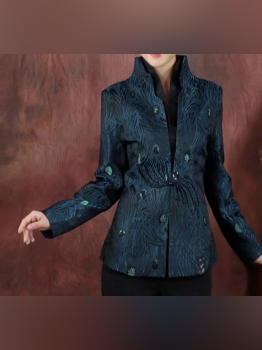 Elegant Dragon Silk Peacock Feather Women's Jacket Coat - Picture 11 of 16